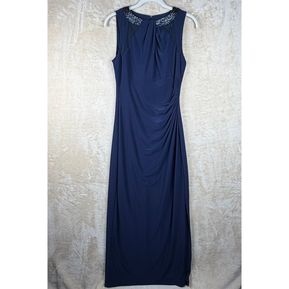 Lauren Ralph Lauren Navy Blue Beaded‎ Neckline Ruched Formal Gown Dress Size 8